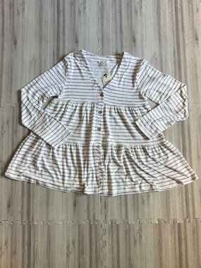 NWT ANDTHEWHY Women's Grey‎ Striped Tiered Babydoll Tunic Top
